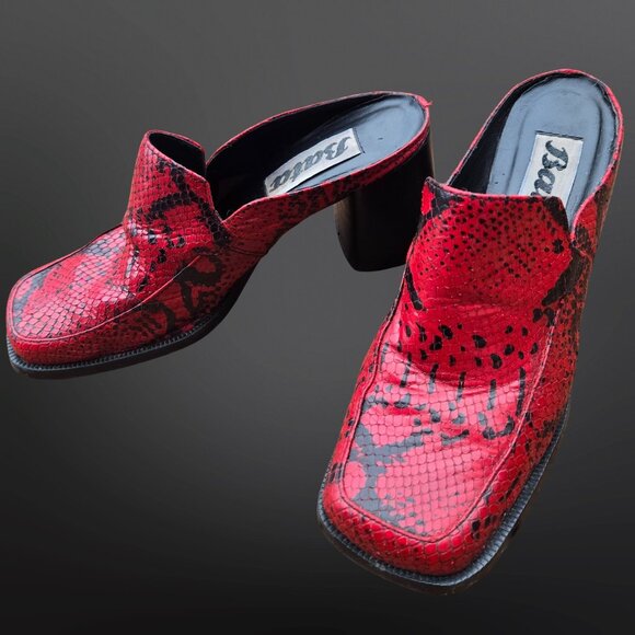 Vintage 90s Bata Chunky Mules US Size 7.5 Red Black Snake Print Leather Heels - Picture 5 of 10
